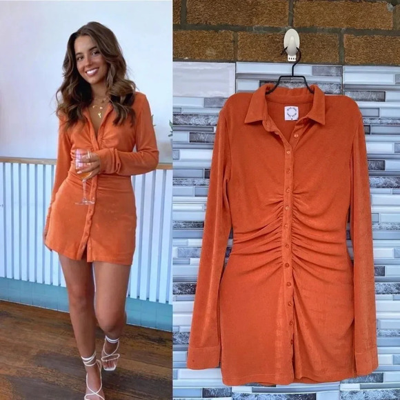 With Jean Andy Mini Dress - Maple Orange, Ruched Button-Down XS, - Picture 1 of 16